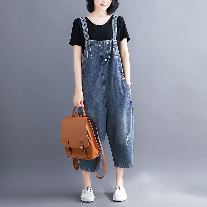 Plus Maat Losse Wijde Pijpen Denim Jumpsuit