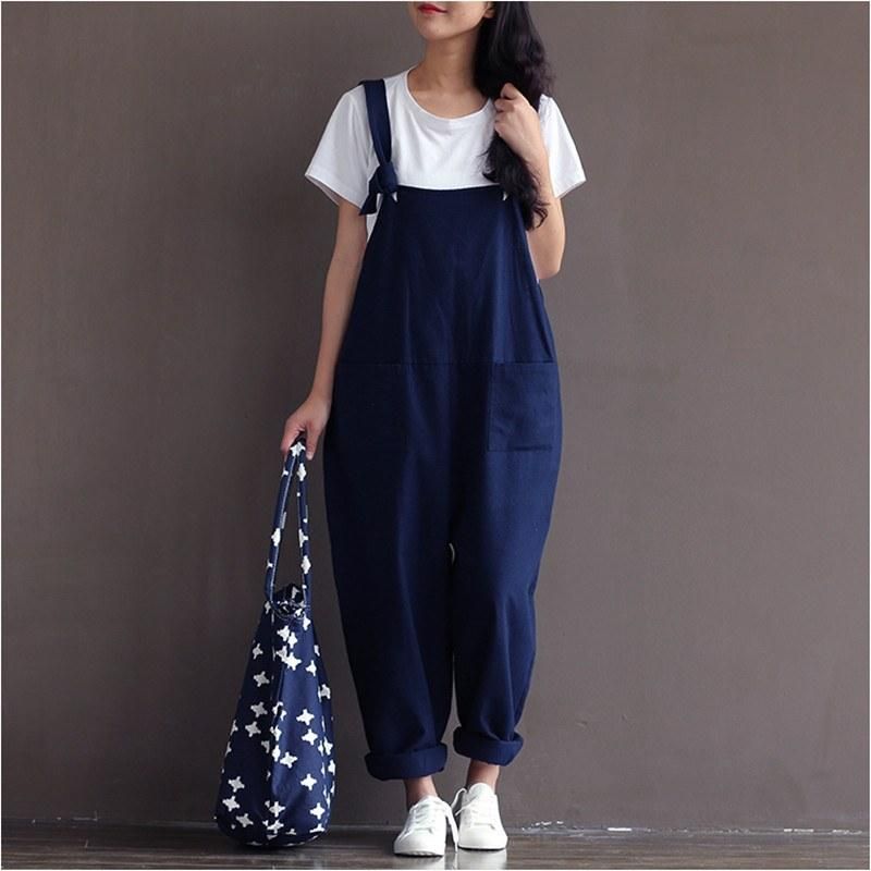 Preppy Stijl Casual Losse Linnen Jumpsuit