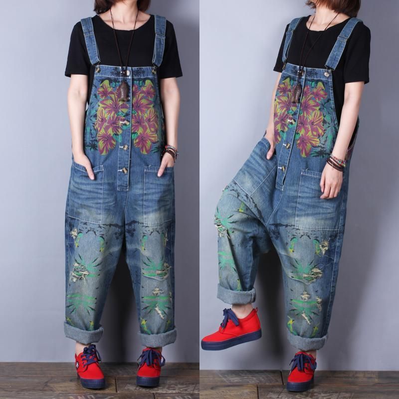 Retro Afdrukken Losse Denim Lente Zomer Gat Jumpsuit