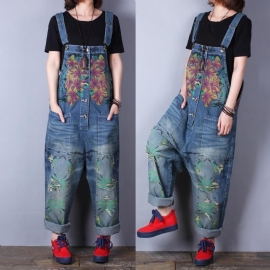 Retro Afdrukken Losse Denim Lente Zomer Gat Jumpsuit