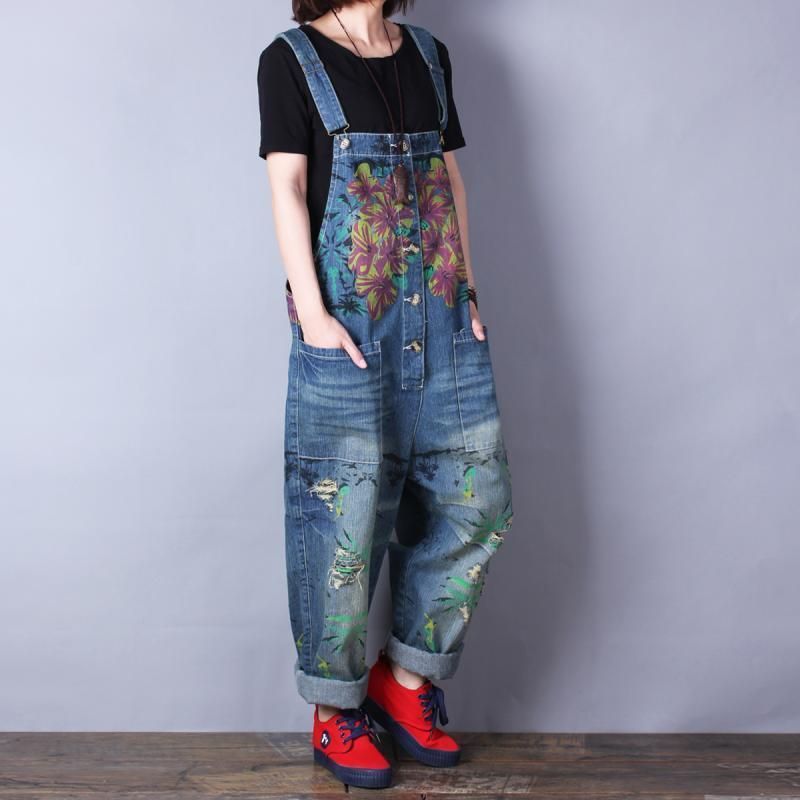 Retro Afdrukken Losse Denim Lente Zomer Gat Jumpsuit