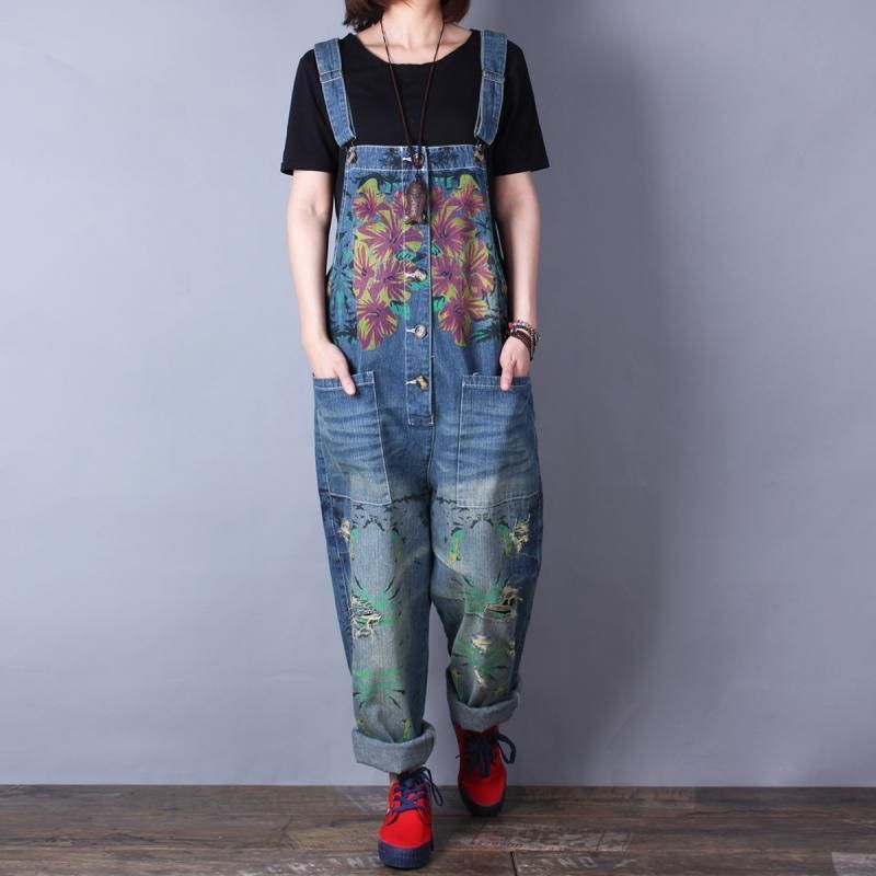 Retro Afdrukken Losse Denim Lente Zomer Gat Jumpsuit