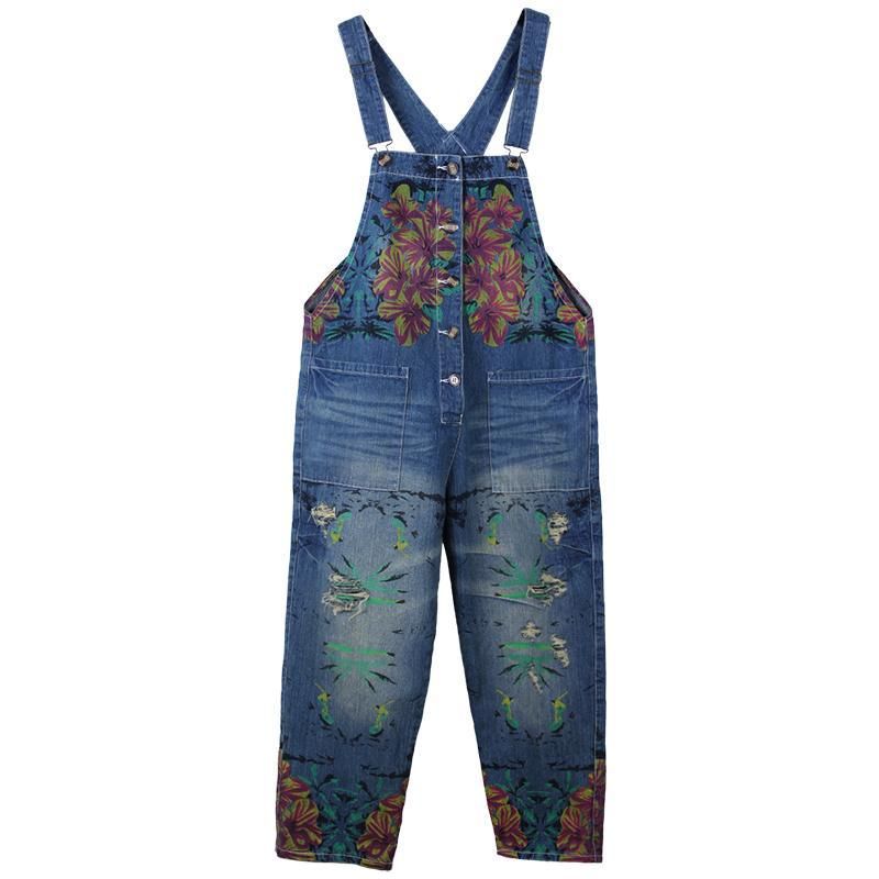 Retro Afdrukken Losse Denim Lente Zomer Gat Jumpsuit