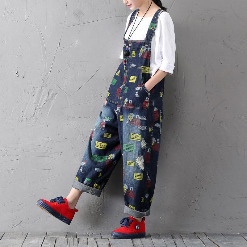 Retro Denim Jumpsuit Met Cartoonprint