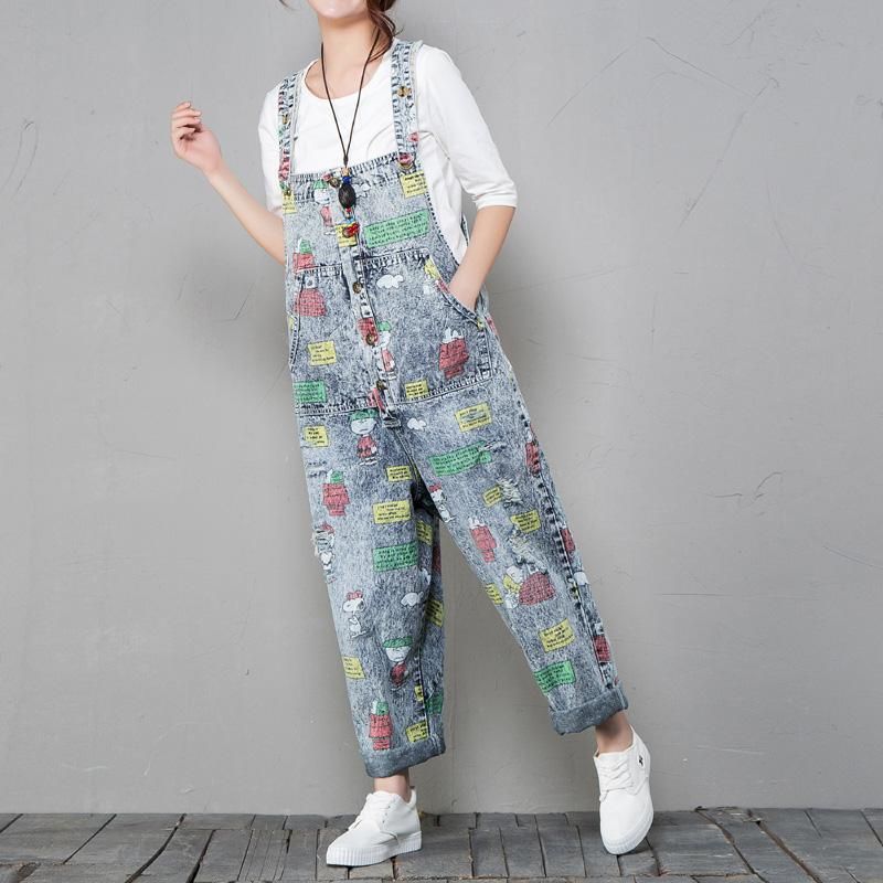 Retro Denim Jumpsuit Met Cartoonprint