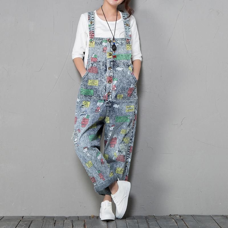 Retro Denim Jumpsuit Met Cartoonprint