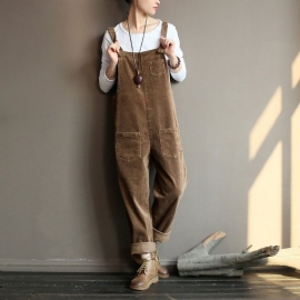 Retro Losse Casual Katoenen Corduroy Jumpsuit