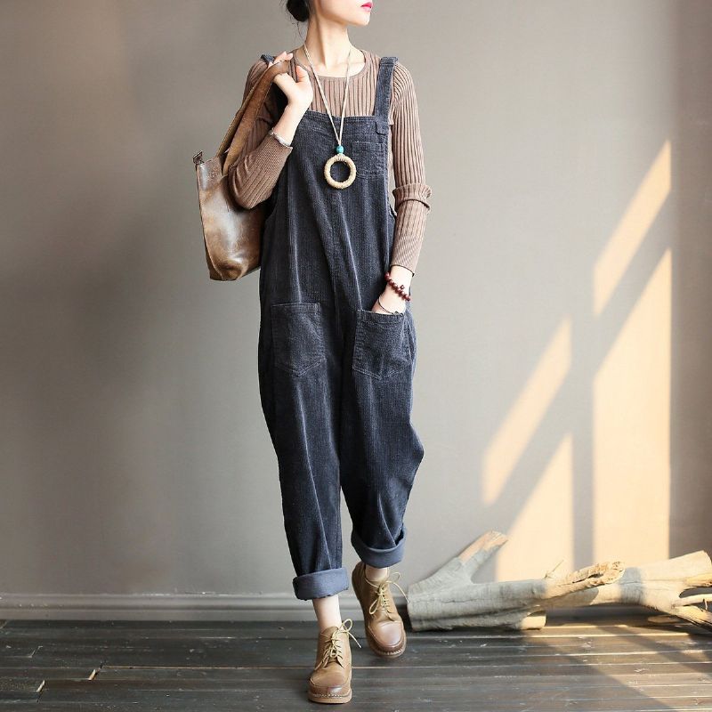 Retro Losse Casual Katoenen Corduroy Jumpsuit