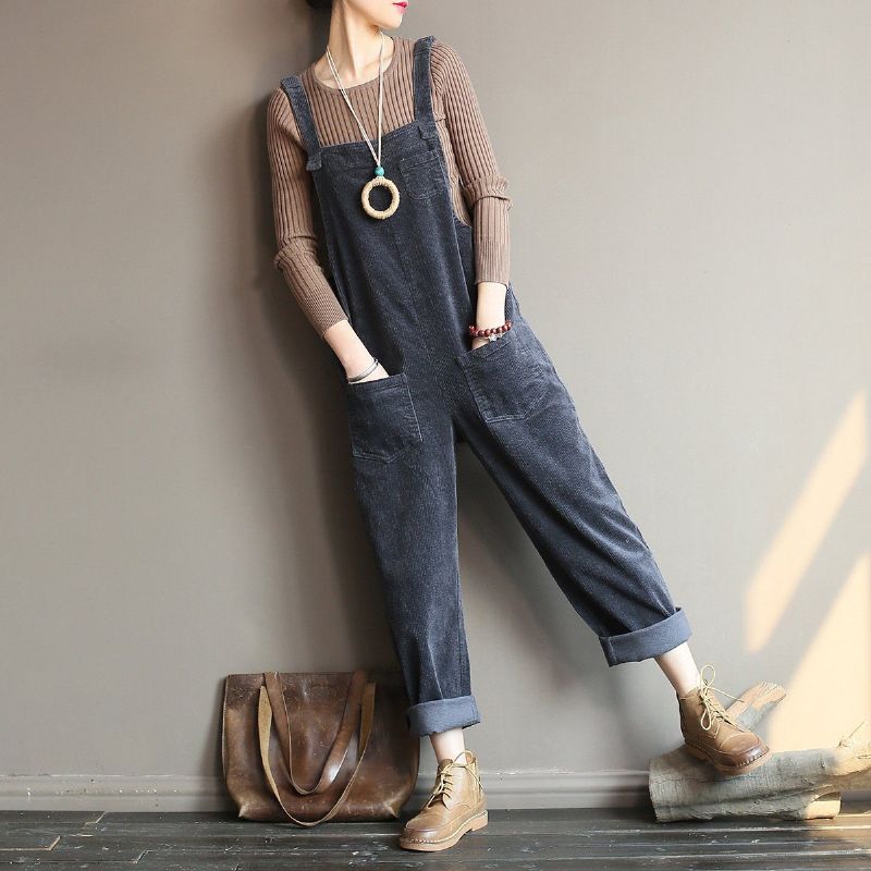 Retro Losse Casual Katoenen Corduroy Jumpsuit