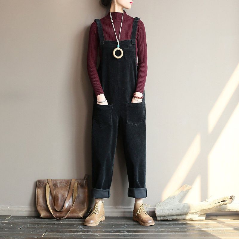 Retro Losse Casual Katoenen Corduroy Jumpsuit