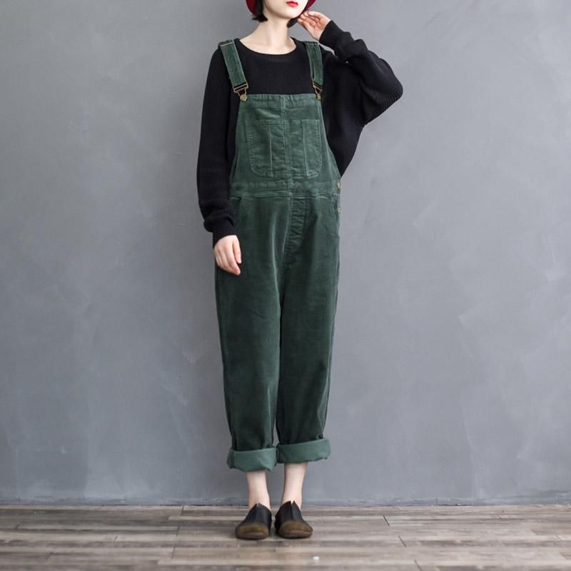 Retro Losvallende Corduroy Damesjumpsuit Met Wijde Pijpen