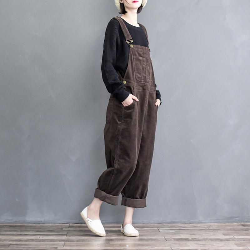 Retro Losvallende Corduroy Damesjumpsuit Met Wijde Pijpen