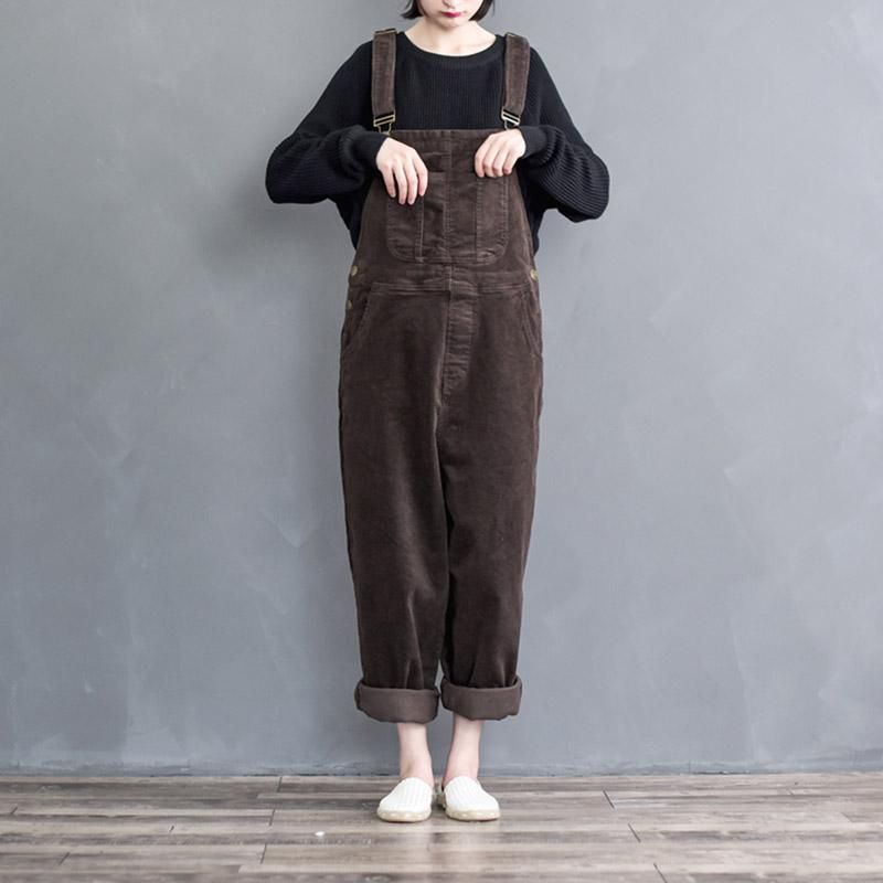 Retro Losvallende Corduroy Damesjumpsuit Met Wijde Pijpen