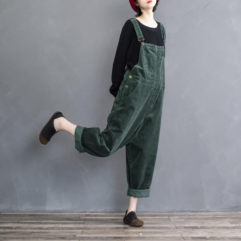 Retro Losvallende Corduroy Damesjumpsuit Met Wijde Pijpen