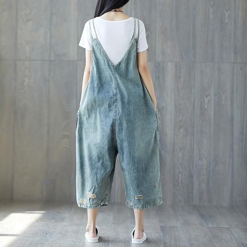 Verontruste Losse Denim Casual Jumpsuit