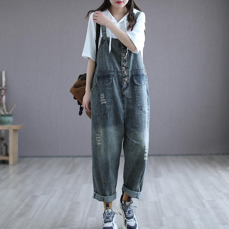 Zomer Retro Dunne Houten Knop Denim Jumpsuit