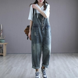 Zomer Retro Dunne Houten Knop Denim Jumpsuit