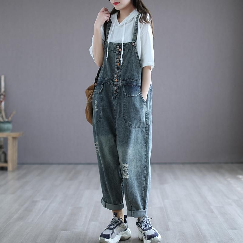 Zomer Retro Dunne Houten Knop Denim Jumpsuit