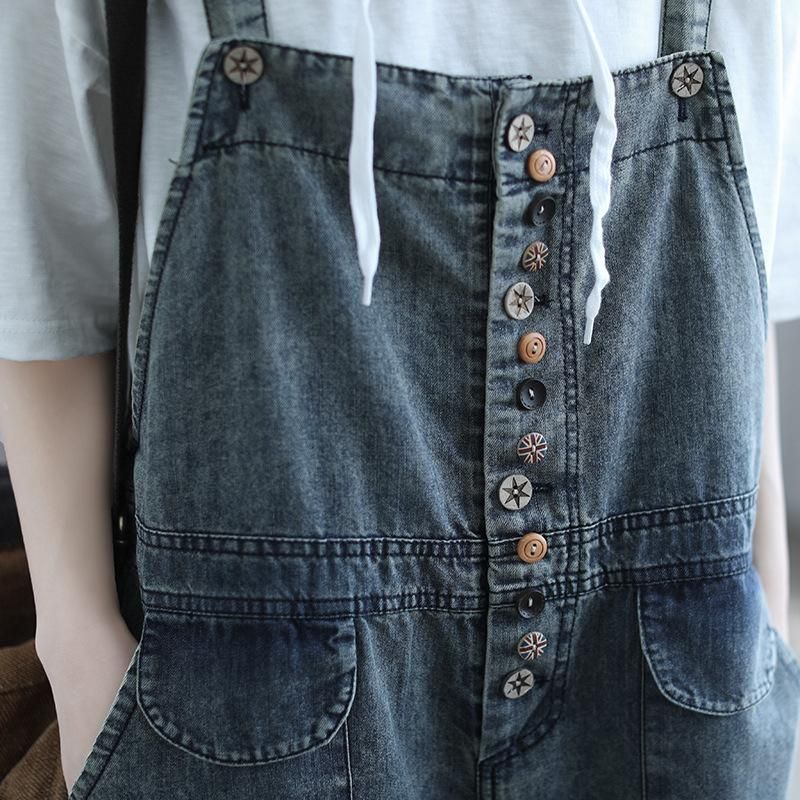 Zomer Retro Dunne Houten Knop Denim Jumpsuit