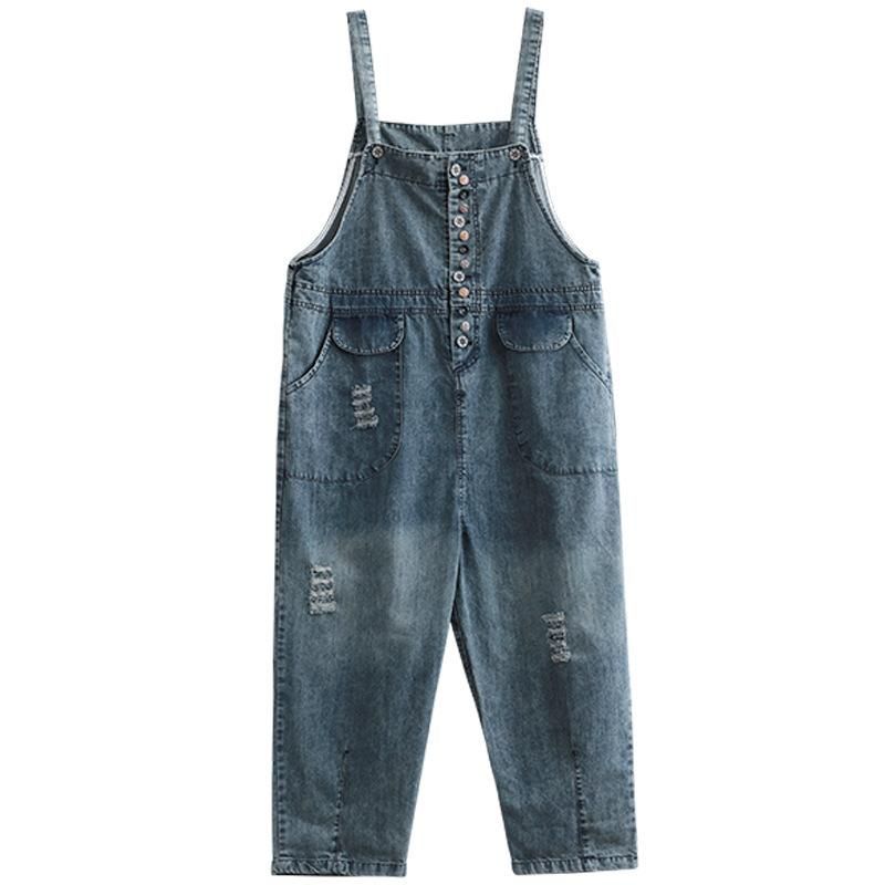 Zomer Retro Dunne Houten Knop Denim Jumpsuit