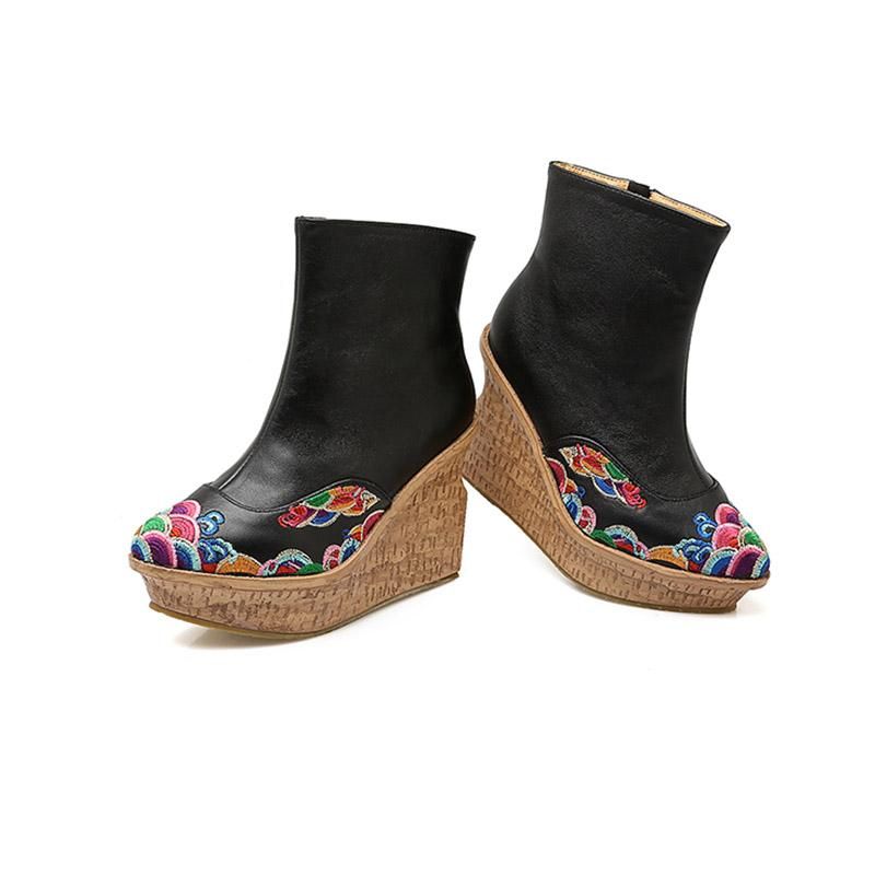 Dames Geborduurde Retro Wedge Laarzen