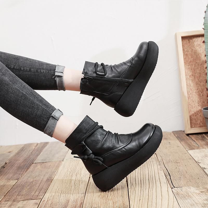 Herfst Retro Soft Sole Leren Platform Laarzen