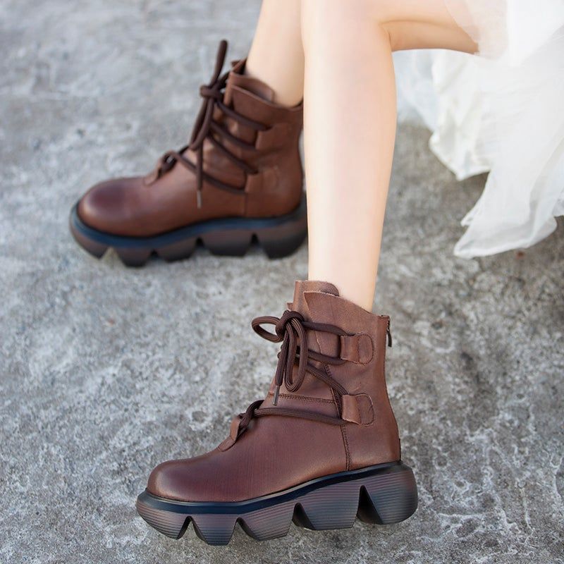 Herfst Winter Retro Handgemaakte Platform Wedge Leren Laarzen