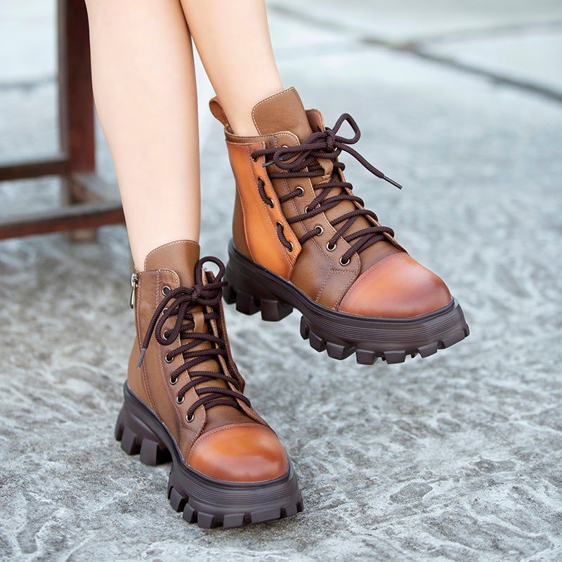 Herfst Winter Retro Kleur Bijpassende Lederen Platform Pluche Laarzen