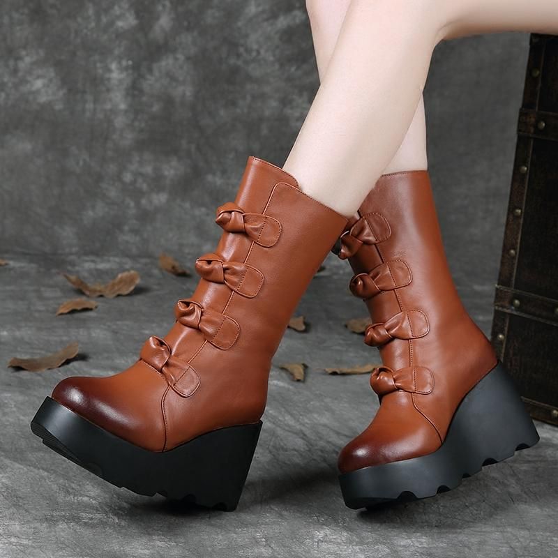 Herfst Winter Retro Ronde Kop Wedge Leren Laarzen