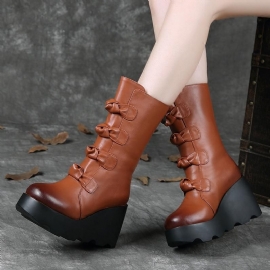 Herfst Winter Retro Ronde Kop Wedge Leren Laarzen