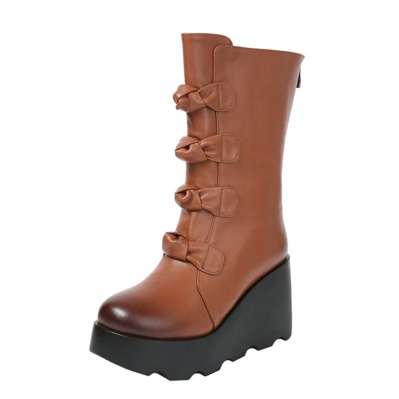 Herfst Winter Retro Ronde Kop Wedge Leren Laarzen