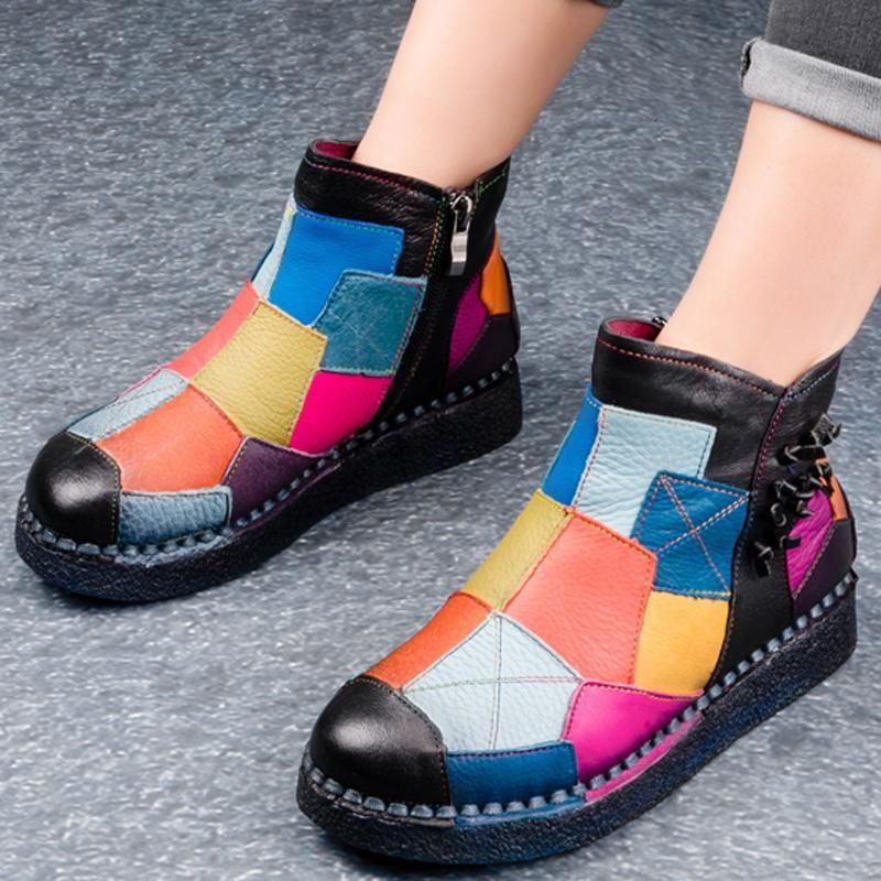 Retro Multi-color Patch Naaien Leren Comfortabele Platform Laarzen