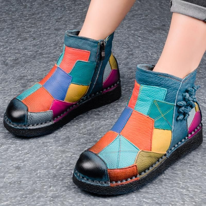 Retro Multi-color Patch Naaien Leren Comfortabele Platform Laarzen