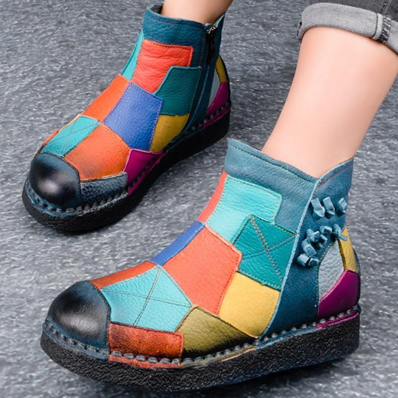 Retro Multi-color Patch Naaien Leren Comfortabele Platform Laarzen