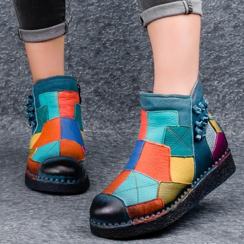 Retro Multi-color Patch Naaien Leren Comfortabele Platform Laarzen