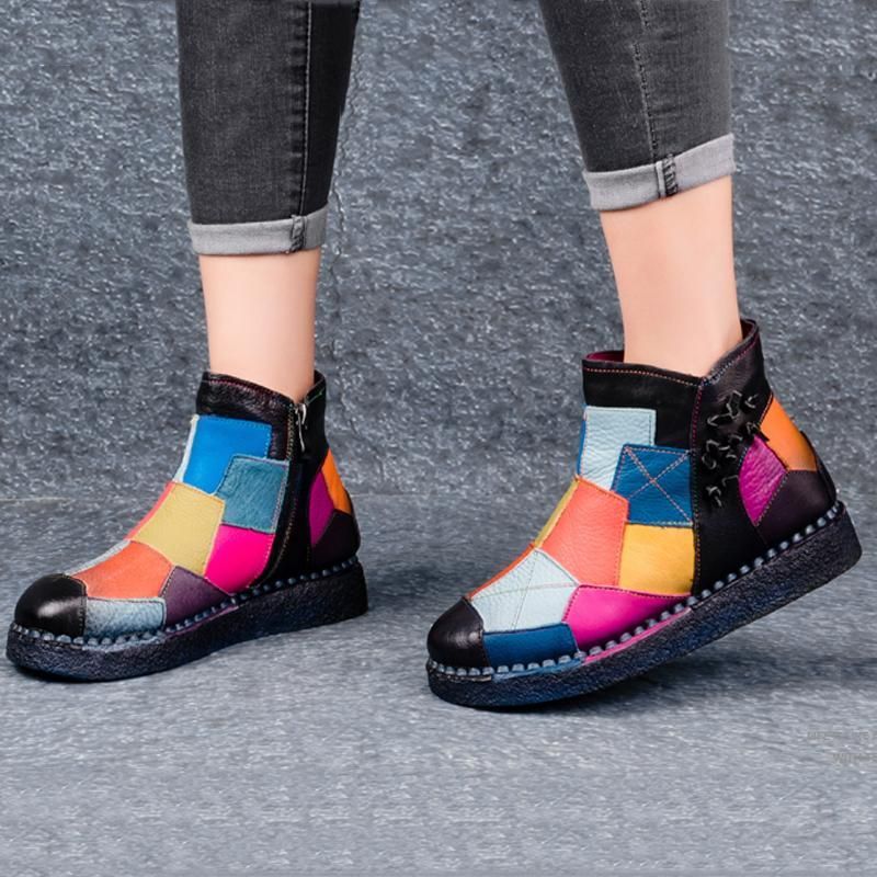 Retro Multi-color Patch Naaien Leren Comfortabele Platform Laarzen