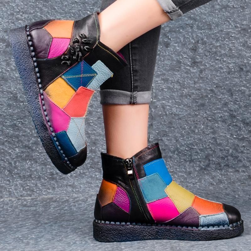 Retro Multi-color Patch Naaien Leren Comfortabele Platform Laarzen