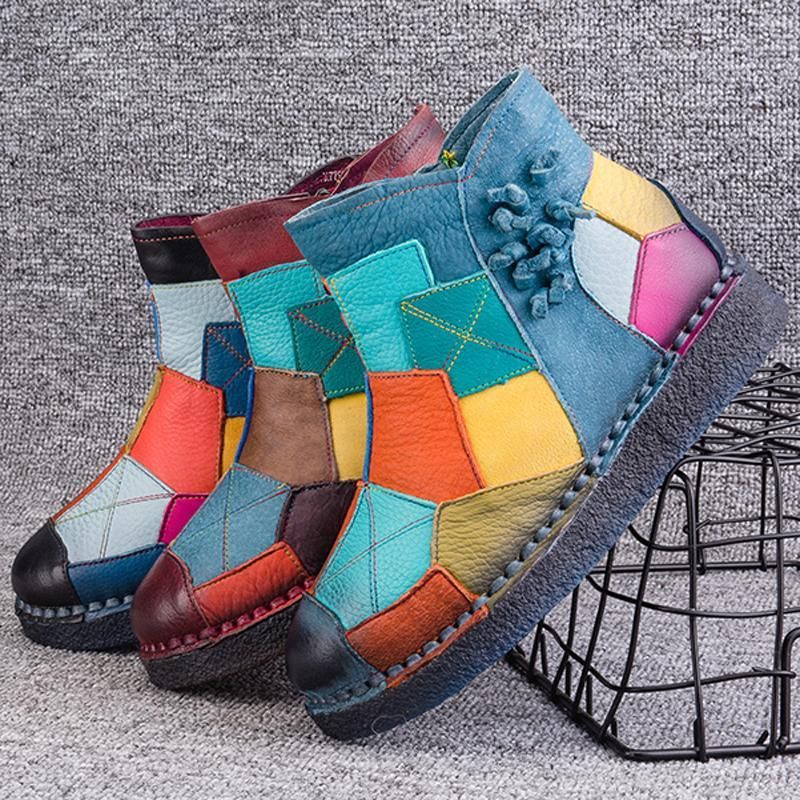 Retro Multi-color Patch Naaien Leren Comfortabele Platform Laarzen