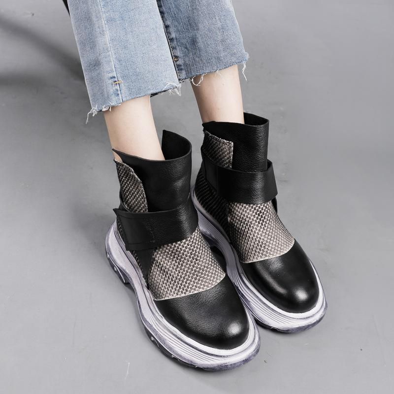 Winter Lente Retro Leren Mesh Patchwork Casual Laarzen