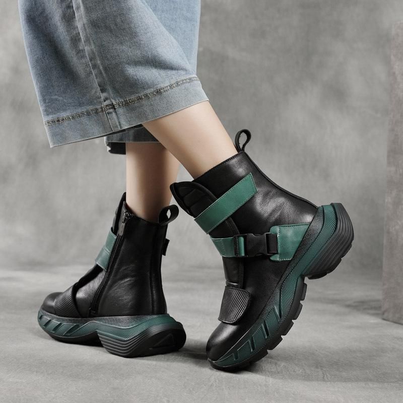 Winter Retro Leren Platform Mode Kleur Bijpassende Casual Laarzen