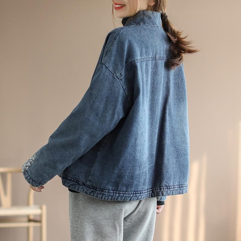 Dames Winter Katoenen Gewatteerde Retro Losse Denim Jas