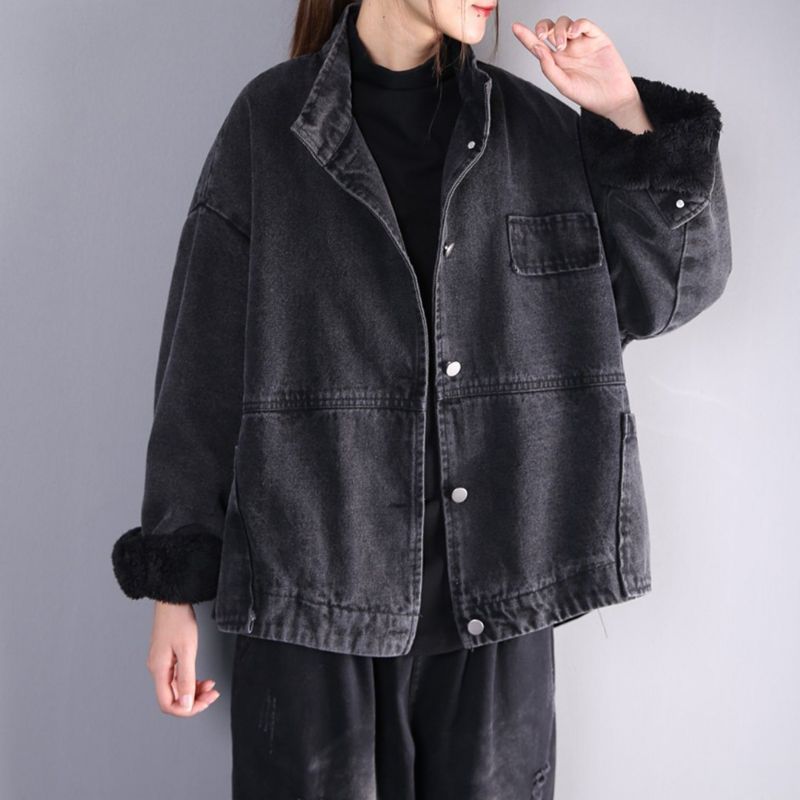 Effen Winter Losse Casual Opstaande Kraag Jas Pluche Denim Jas