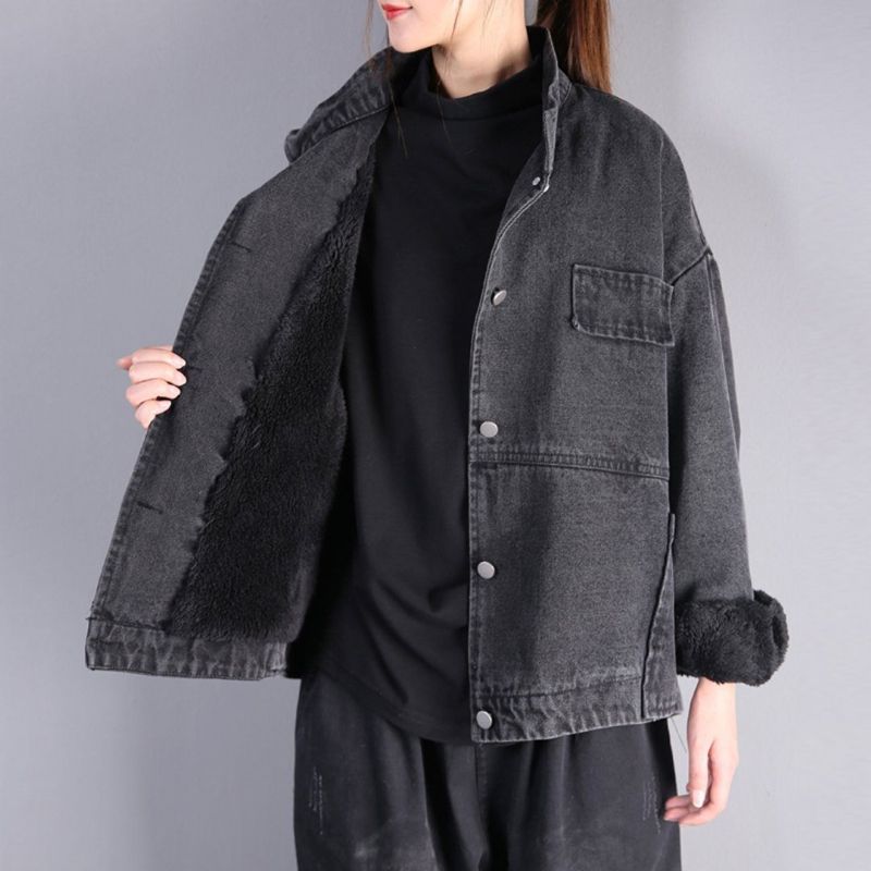 Effen Winter Losse Casual Opstaande Kraag Jas Pluche Denim Jas