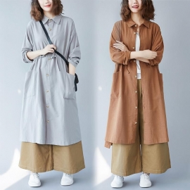 Lange Katoenen En Linnen Trenchcoat Shirt Herfst