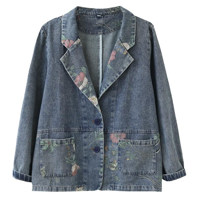 Lente Herfst Retro Patchwork Bloemen Katoenen Denim Jasje