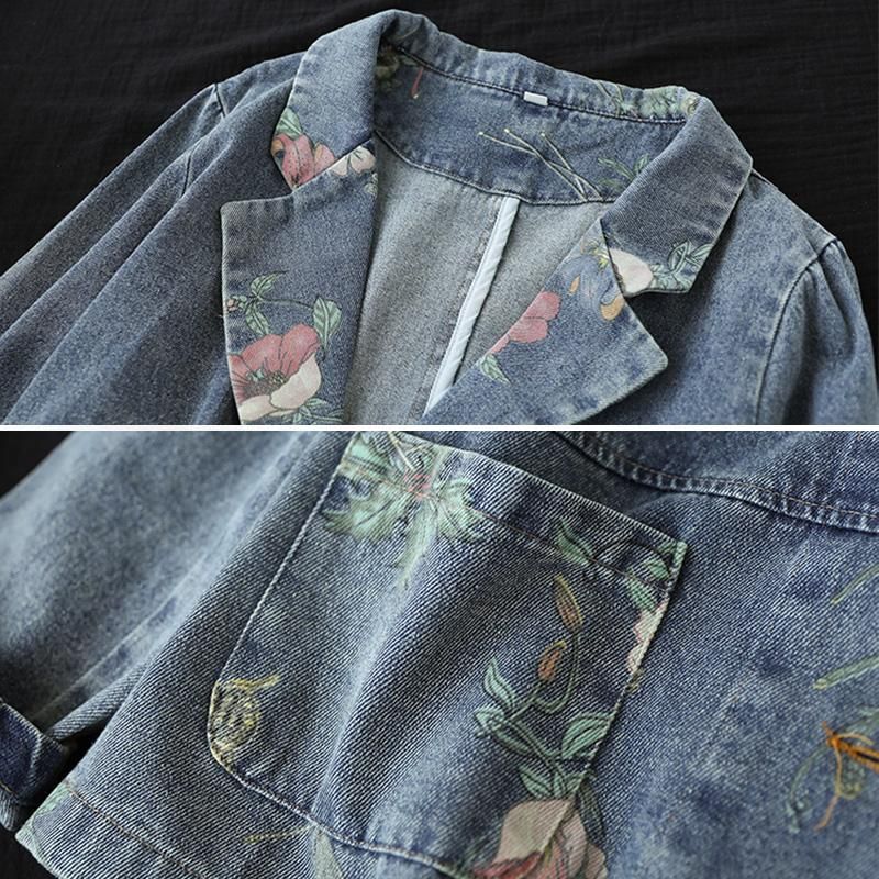 Lente Herfst Retro Patchwork Bloemen Katoenen Denim Jasje