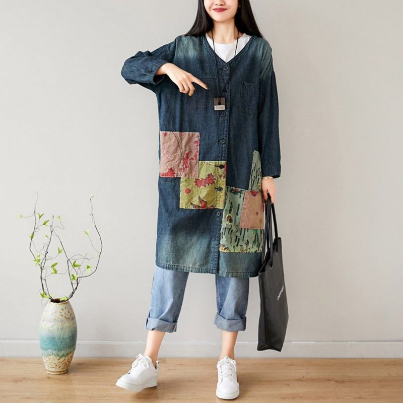 V-hals Losse Casual Patchwork Herfst Dunne Jas