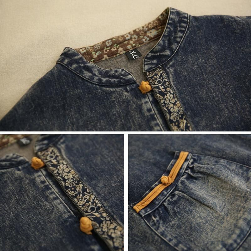 Winter Lente Retro Bloemen Katoenen Denim Jas