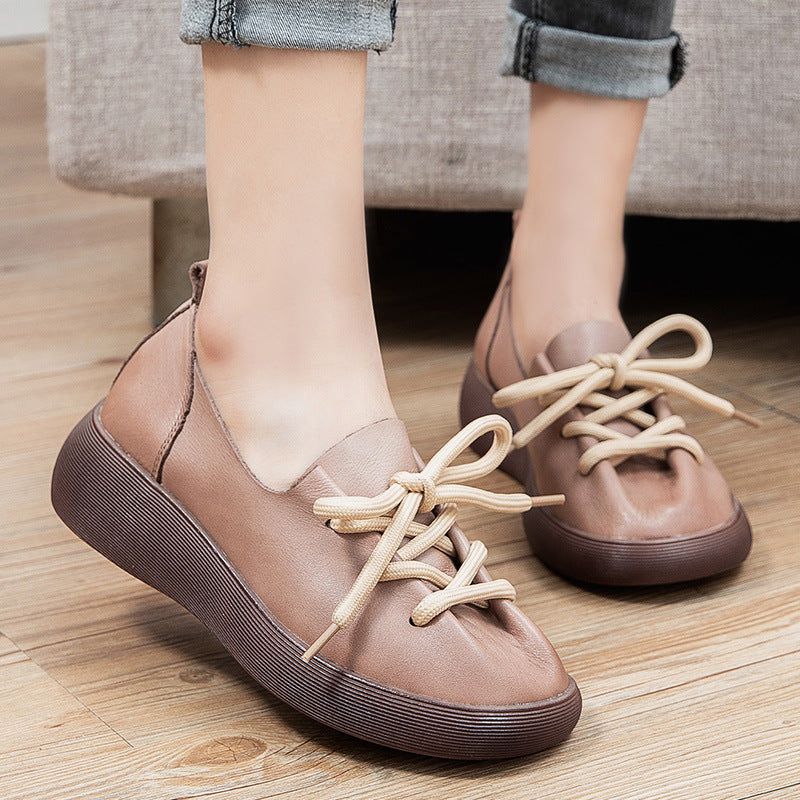 Dames Casual Lederen Handgemaakte Loafers Met Ronde Kop