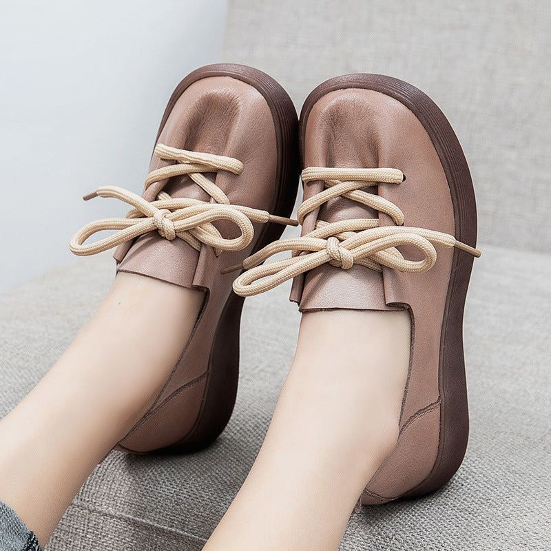 Dames Casual Lederen Handgemaakte Loafers Met Ronde Kop